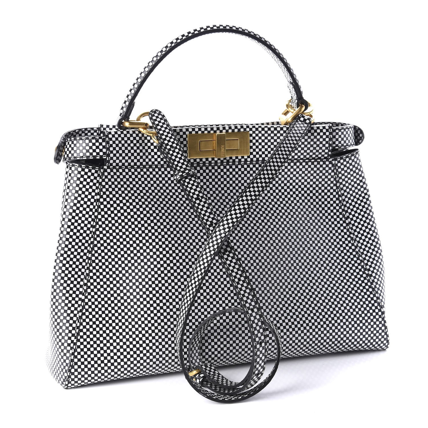 Fendi Pequin Checkered Medium Peekaboo Iconic Satchel Black White 4 of 12