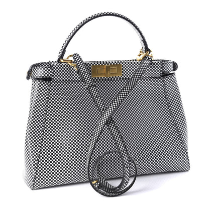 Fendi Pequin Checkered Medium Peekaboo Iconic Satchel Black White 4 of 12
