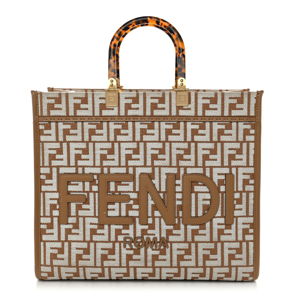 Fendi Woven Fabric Calfskin FF Medium Fendi Sunshine Shopper Tote Natural White Dark Honey 1 of 12