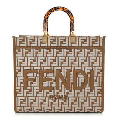Fendi Woven Fabric Calfskin FF Medium Fendi Sunshine Shopper Tote Natural White Dark Honey 1 of 12