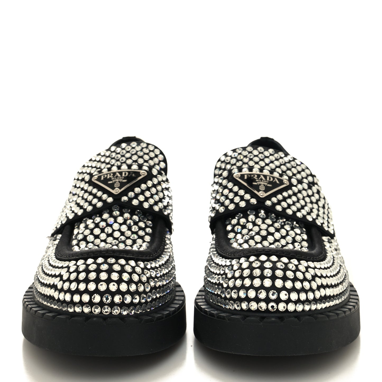 Satin Crystal Metal Triangle Logo 50mm Loafers 38 Cristal