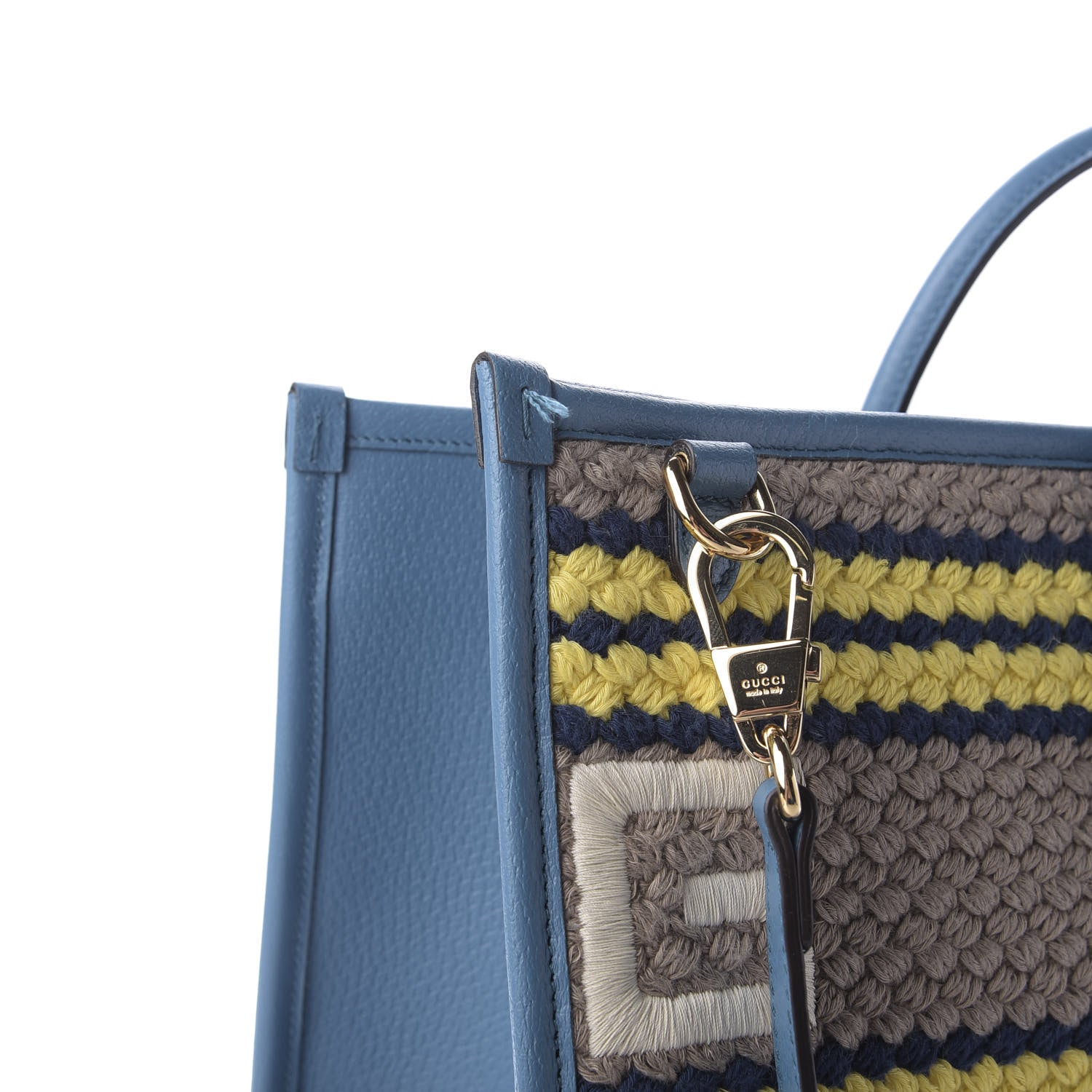 Gucci Fabric Embroidered Hawaii Striped Tote Bag Blue 677875