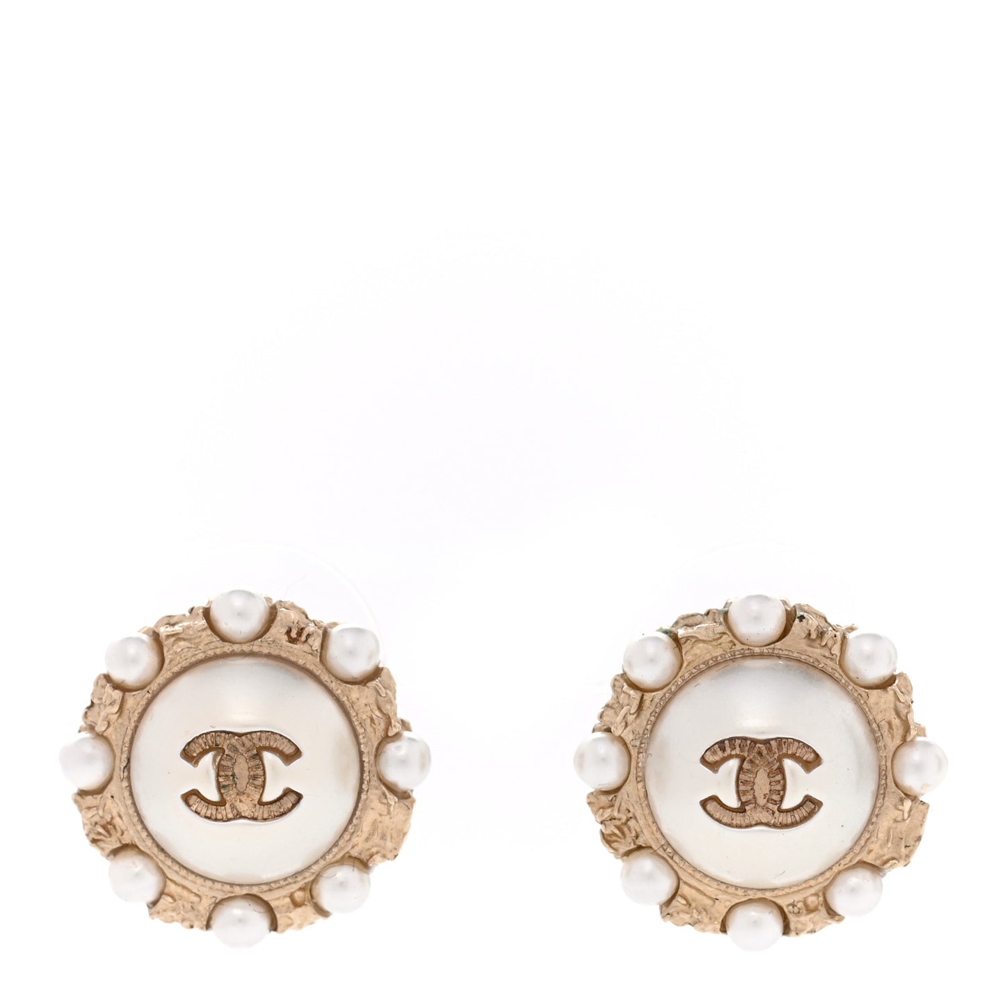Metal Pearl CC Round Earrings Gold