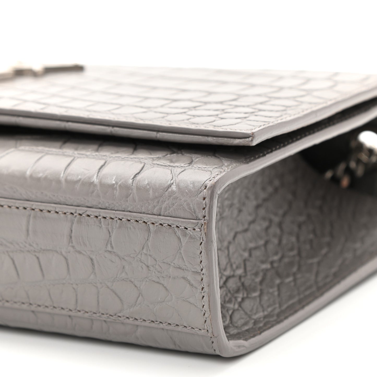 Calfskin Crocodile Embossed Medium Classic Monogram Kate Tassel Satchel Fog
