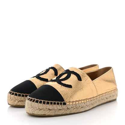 Chanel Laminated Lambskin Grosgrain CC Espadrilles 38 Gold Black 3 of 7