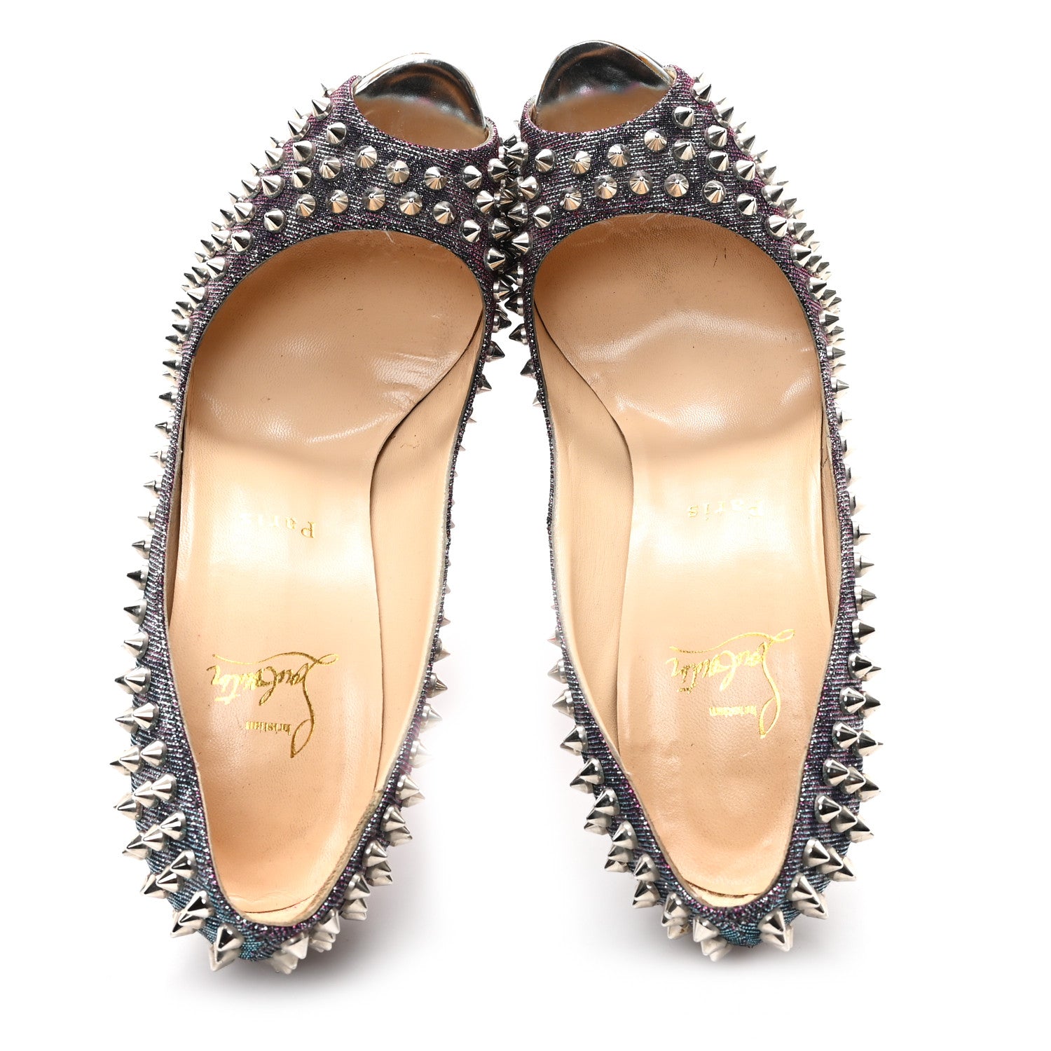Christian Louboutin Lame Satin Lady Peep Spikes 150 Pumps 39 Turquoise Violet Silver 2 of 9