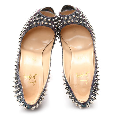Christian Louboutin Lame Satin Lady Peep Spikes 150 Pumps 39 Turquoise Violet Silver 2 of 9