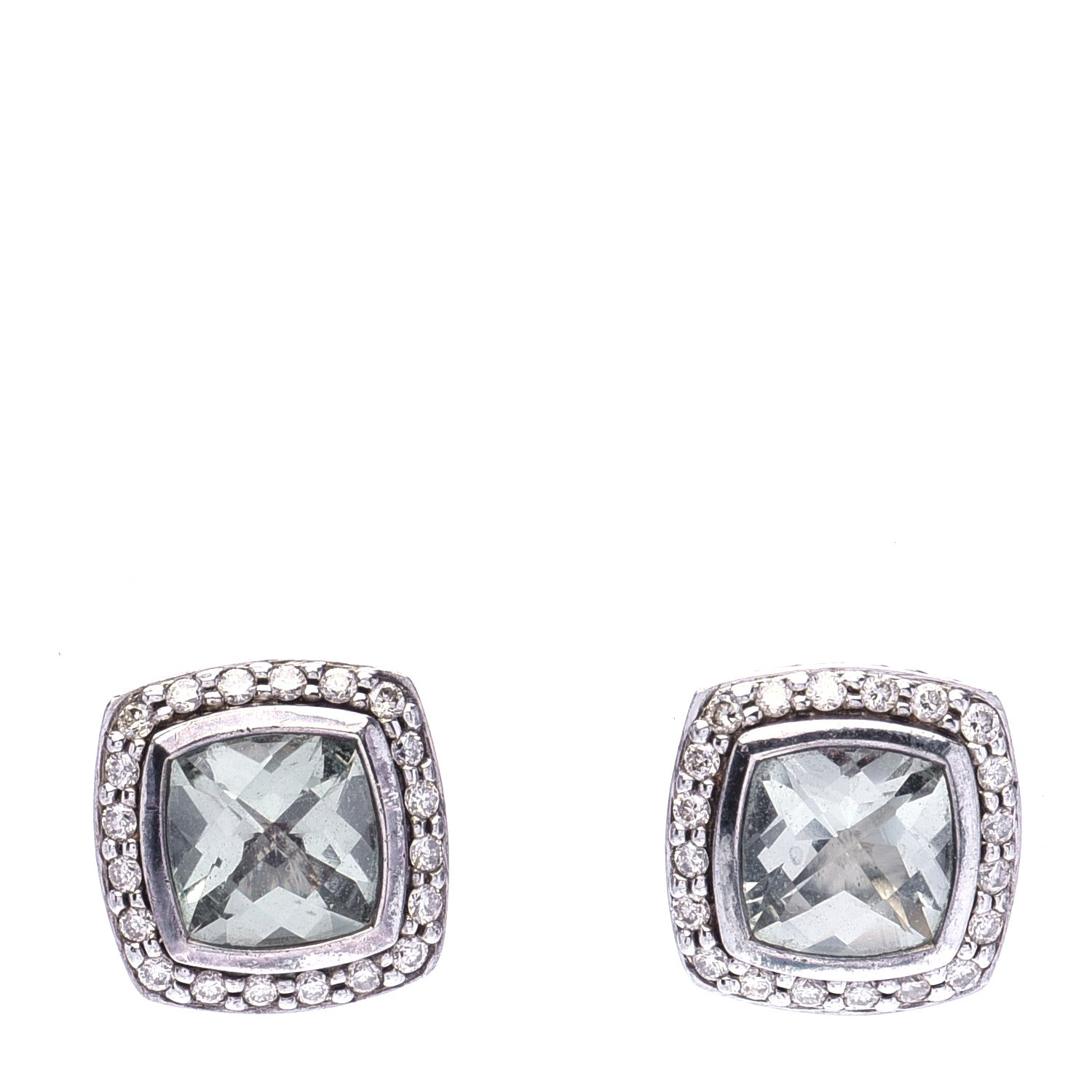 David Yurman Sterling Silver Diamond Prasiolite 7mm Petite Albion Earrings 1 of 6