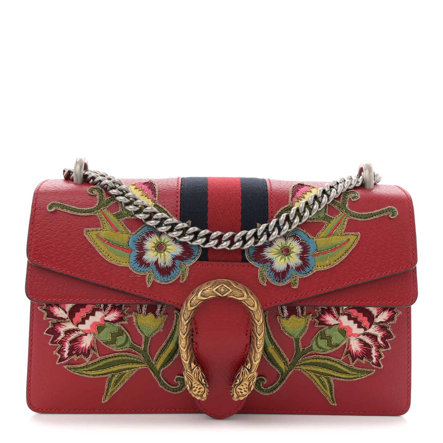 Calfskin Web Floral Embroidered Small Dionysus Shoulder Bag Hibiscus Red