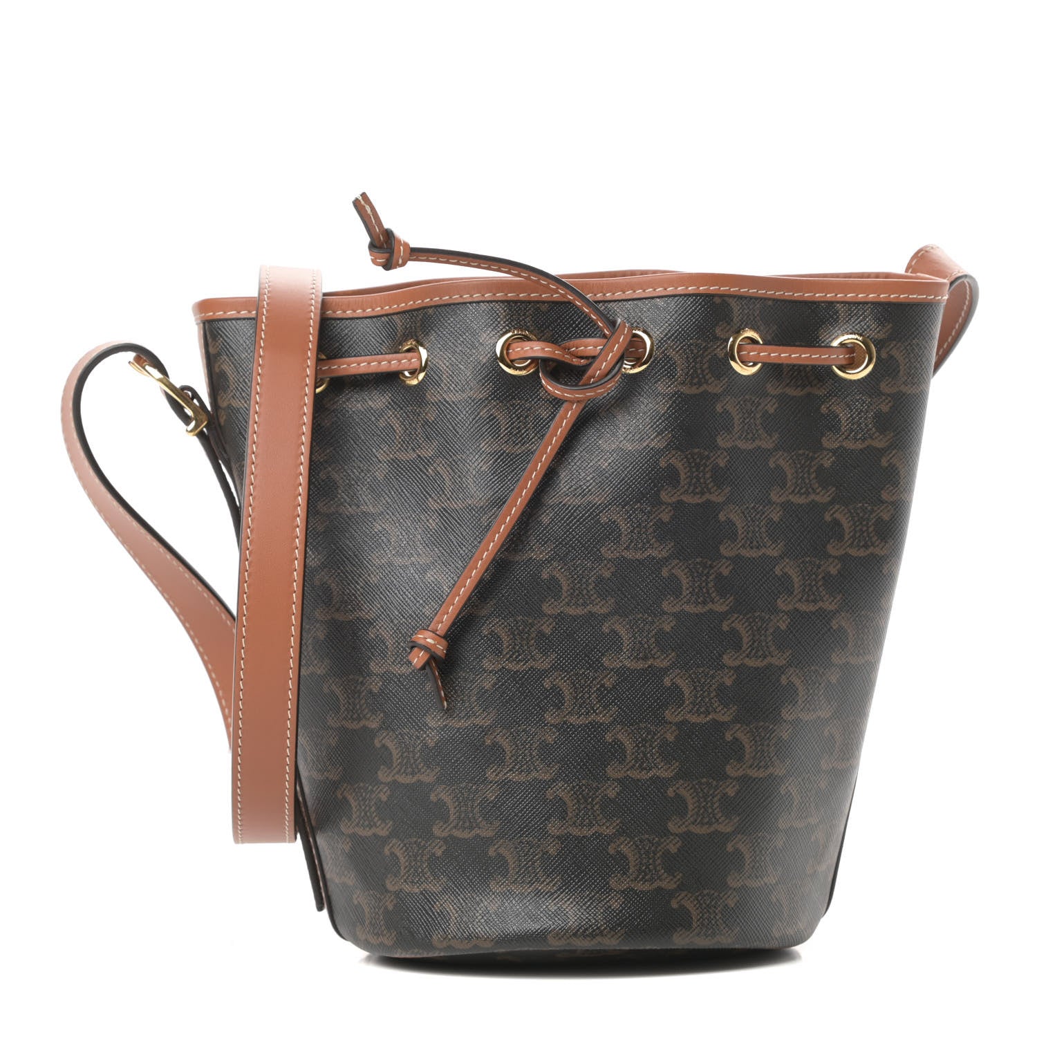 Celine Triomphe Canvas Calfskin Small Drawstring Bucket Bag Tan 1 of 12