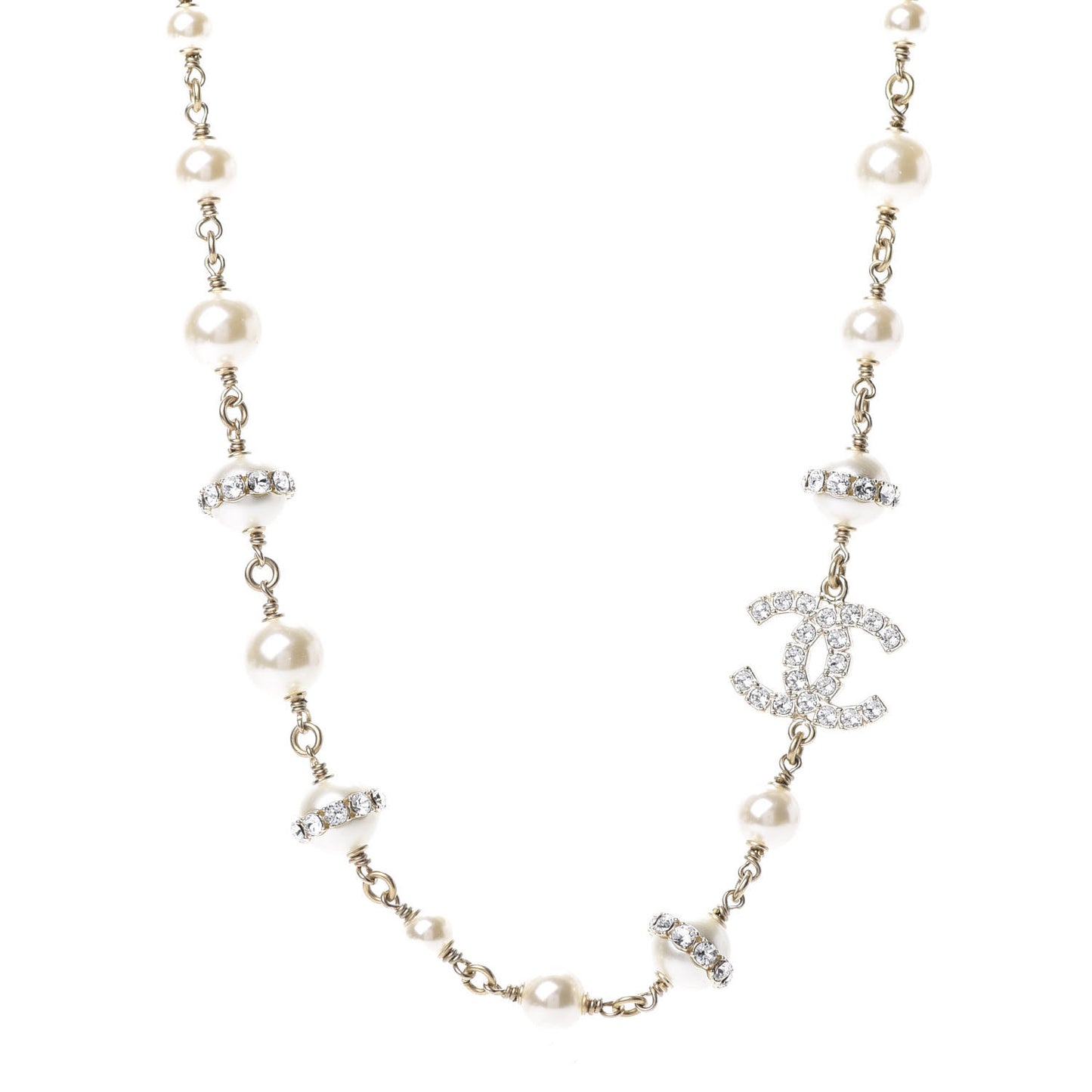Crystal Pearl CC Long Necklace Gold