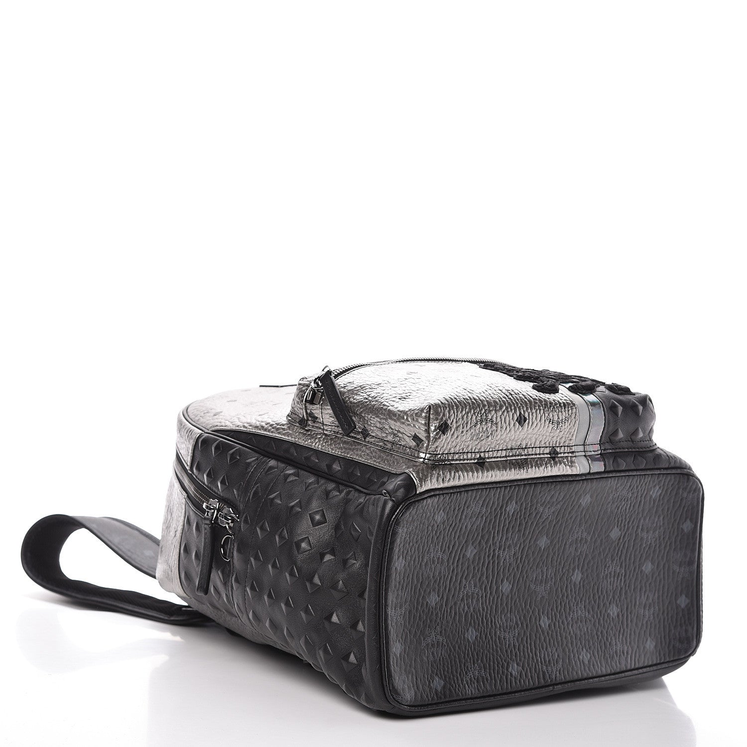 MCM Metallic Visetos Calfskin Medium Studded Munich Lion Stark Backpack Silver Black 4 of 11