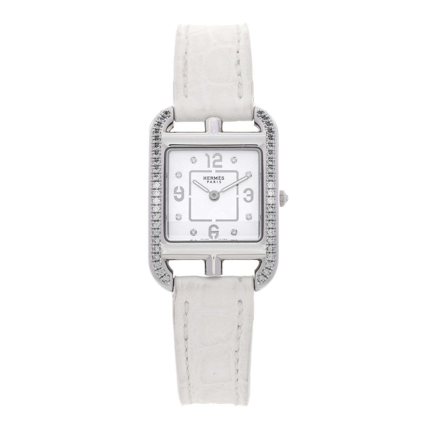 Hermes Stainless Steel Alligator Diamond Bezel Mother of Pearl 23mm Cape Cod Quartz Watch Blanc 1 of 5