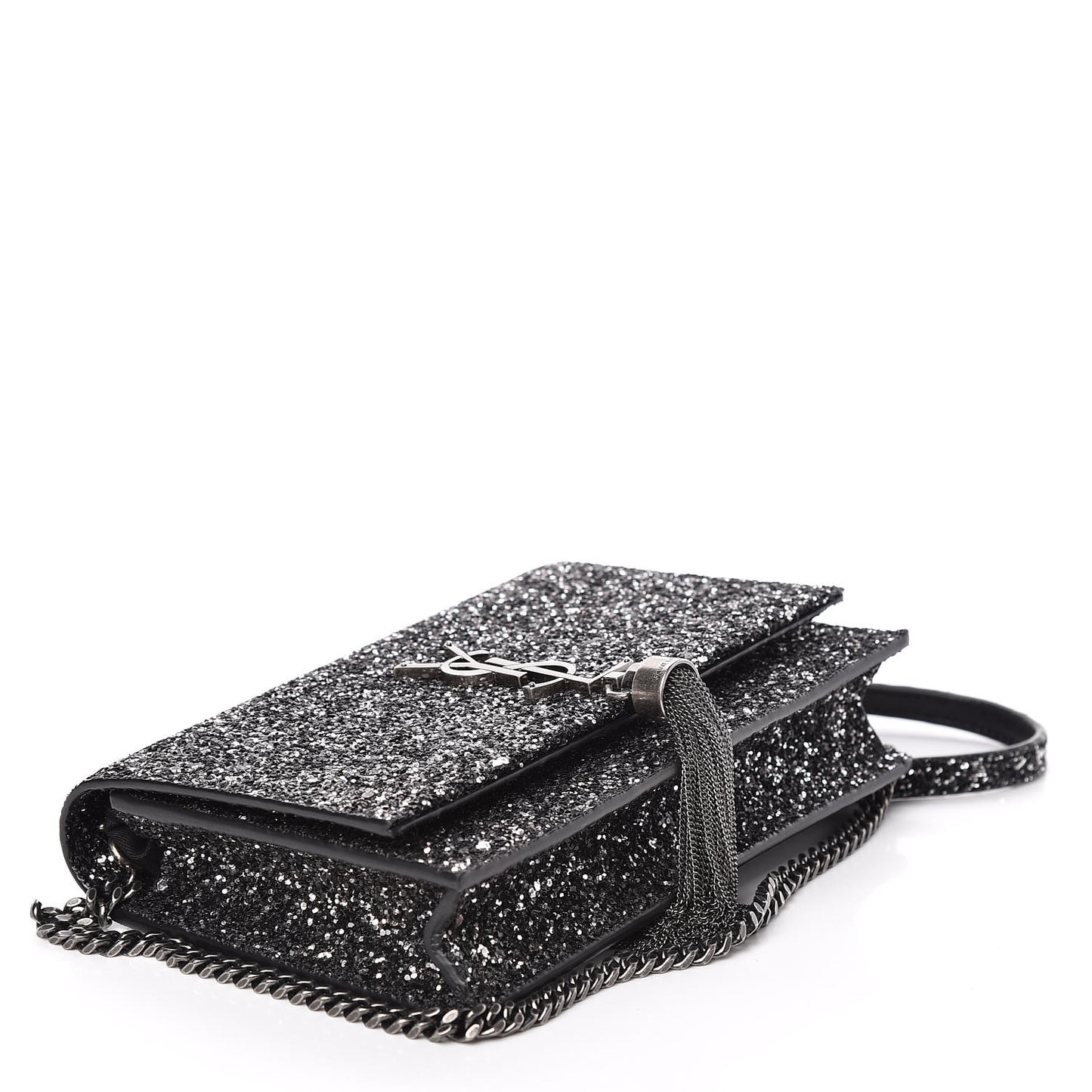 Metallic Glitter Classic Monogram Kate Tassel Chain Wallet Gun Metal Black