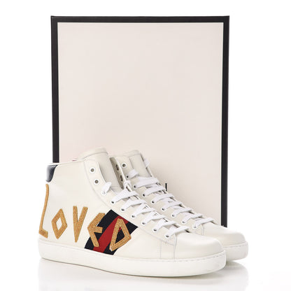 Gucci Calfskin Nappa Web LOVED Embroidered Mens Ace High Top Sneakers 10 White Red Flame Notte 11 of 11