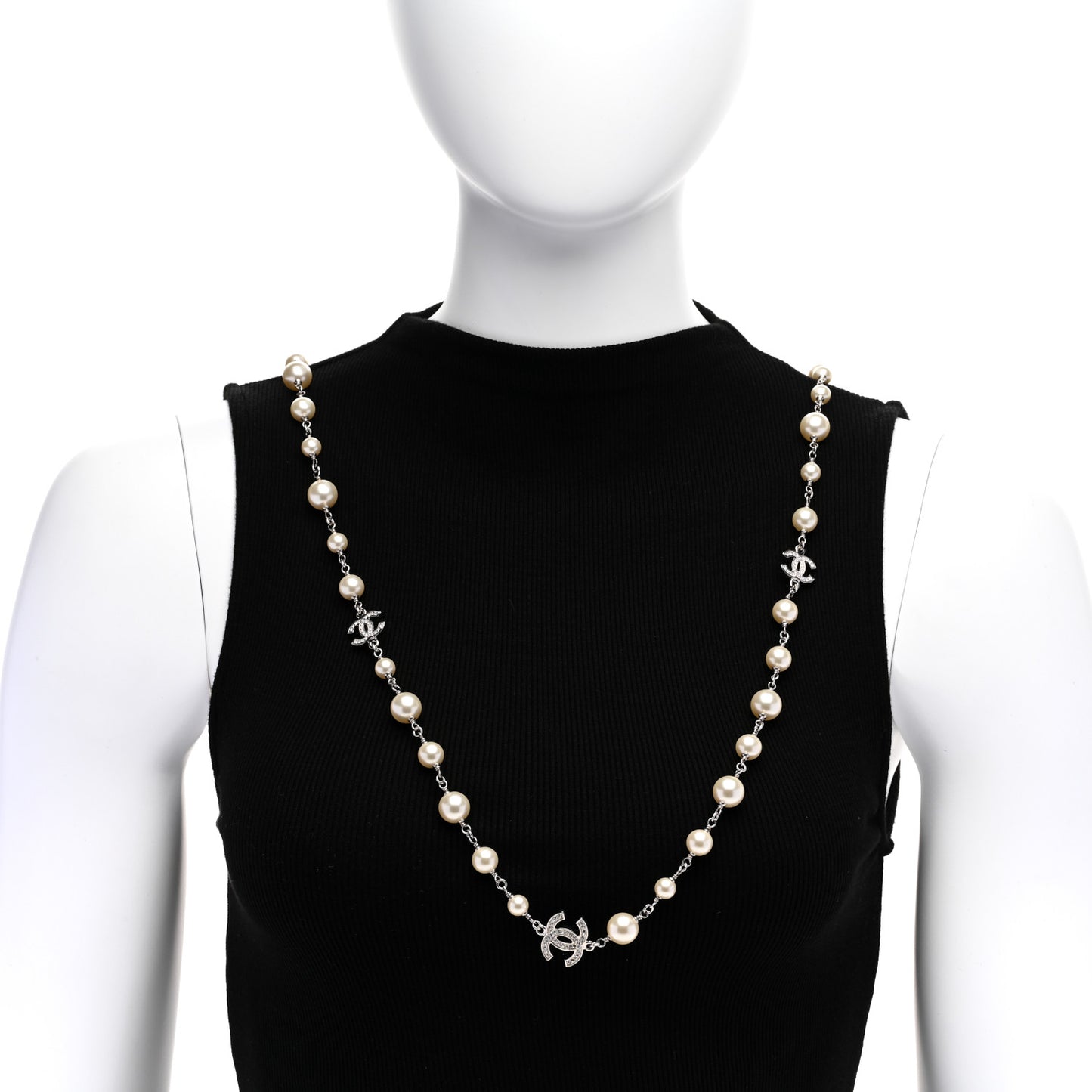 Graduated Pearl Crystal CC Long Necklace Silver
