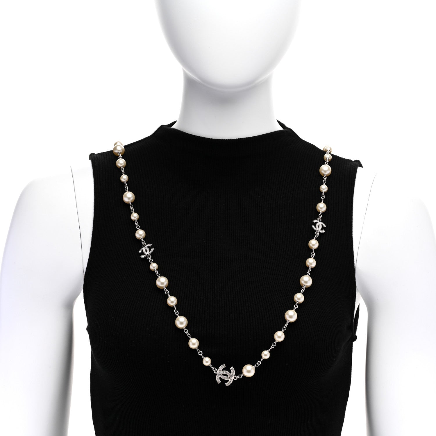 Chanel Graduated Pearl Crystal CC Long Necklace Silver 2 of 6