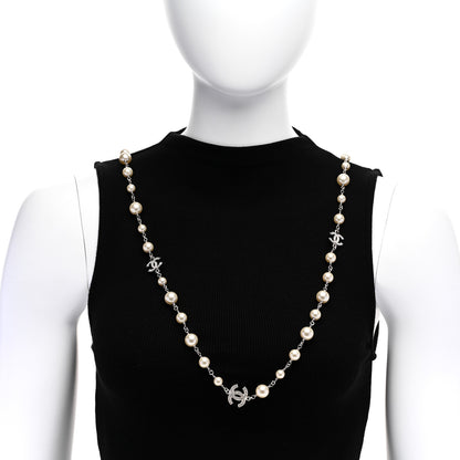 Chanel Graduated Pearl Crystal CC Long Necklace Silver 2 of 6