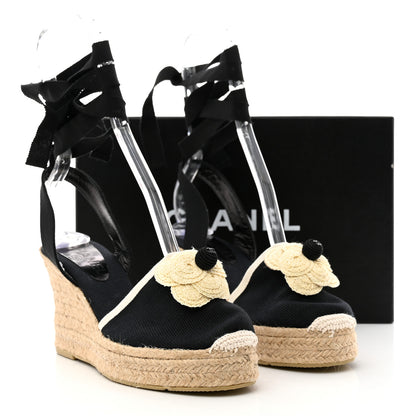 Chanel Grosgrain Camellia Espadrille Wedges 37 Black 8 of 8