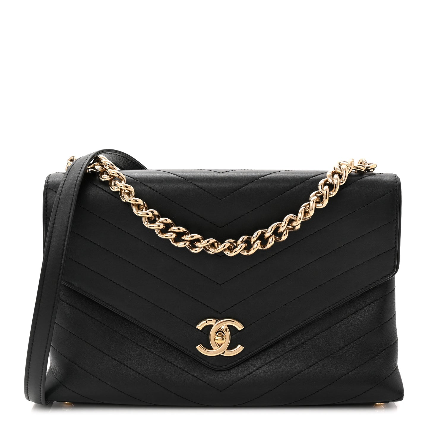 Calfskin Chevron Stitched Medium Coco Flap Bag Black