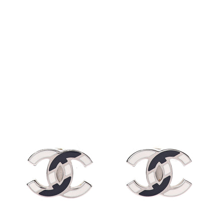 Chanel Enamel CC Striped Earrings Navy White 1 of 5