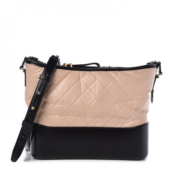 Aged Calfskin Quilted Medium Gabrielle Hobo Beige Black