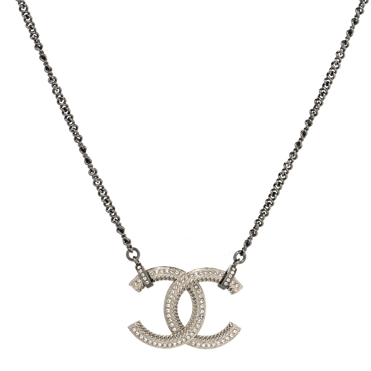Chanel Crystal CC Pendant Necklace Silver 3 of 6