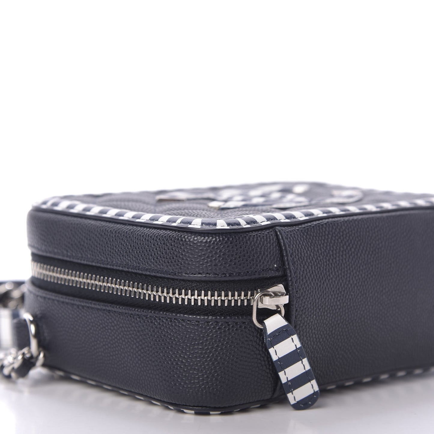 Caviar Quilted Striped Filigree Vanity Clutch With Chain Navy White