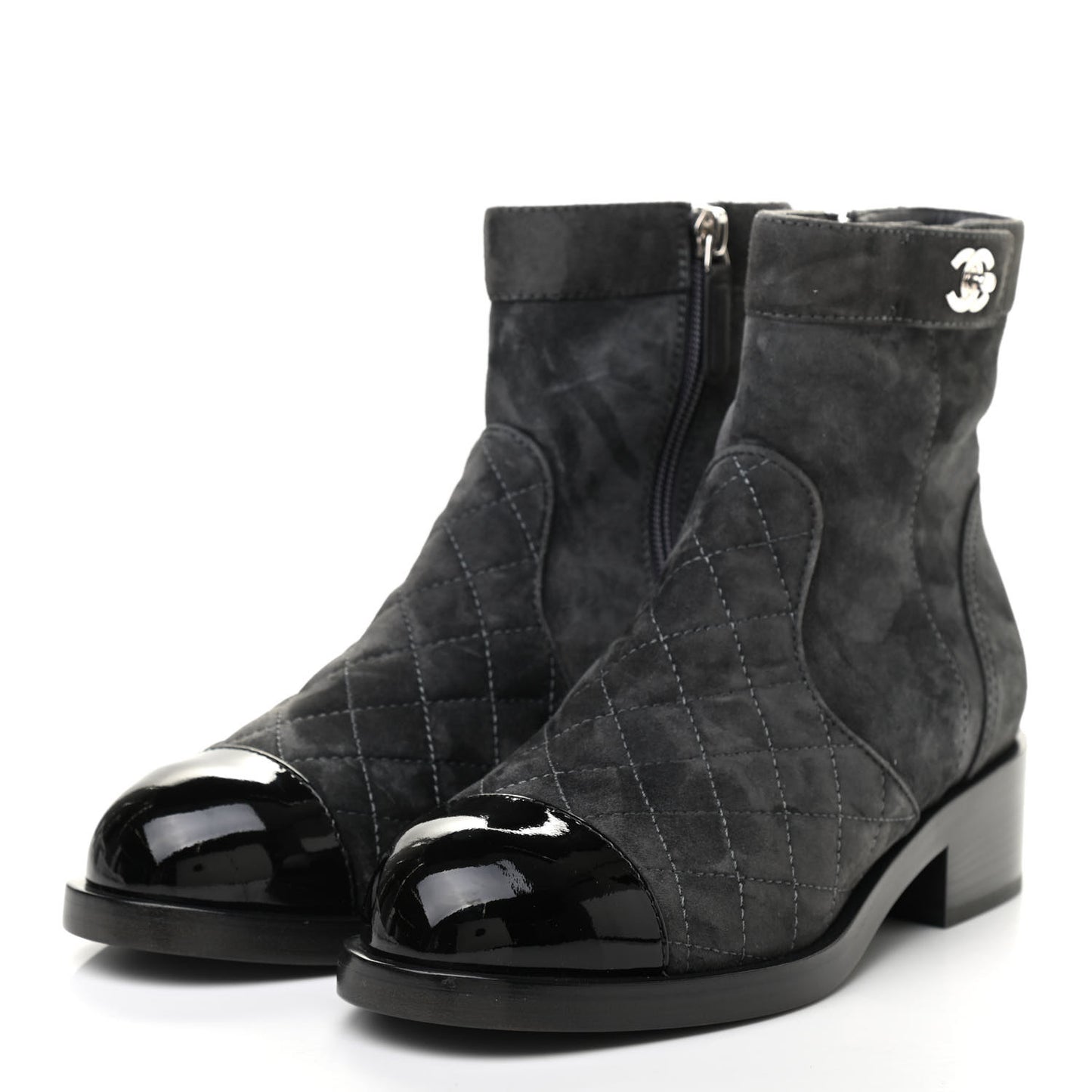 Suede Patent Calfskin Quilted Cap Toe Short Boots 37 Gray Black
