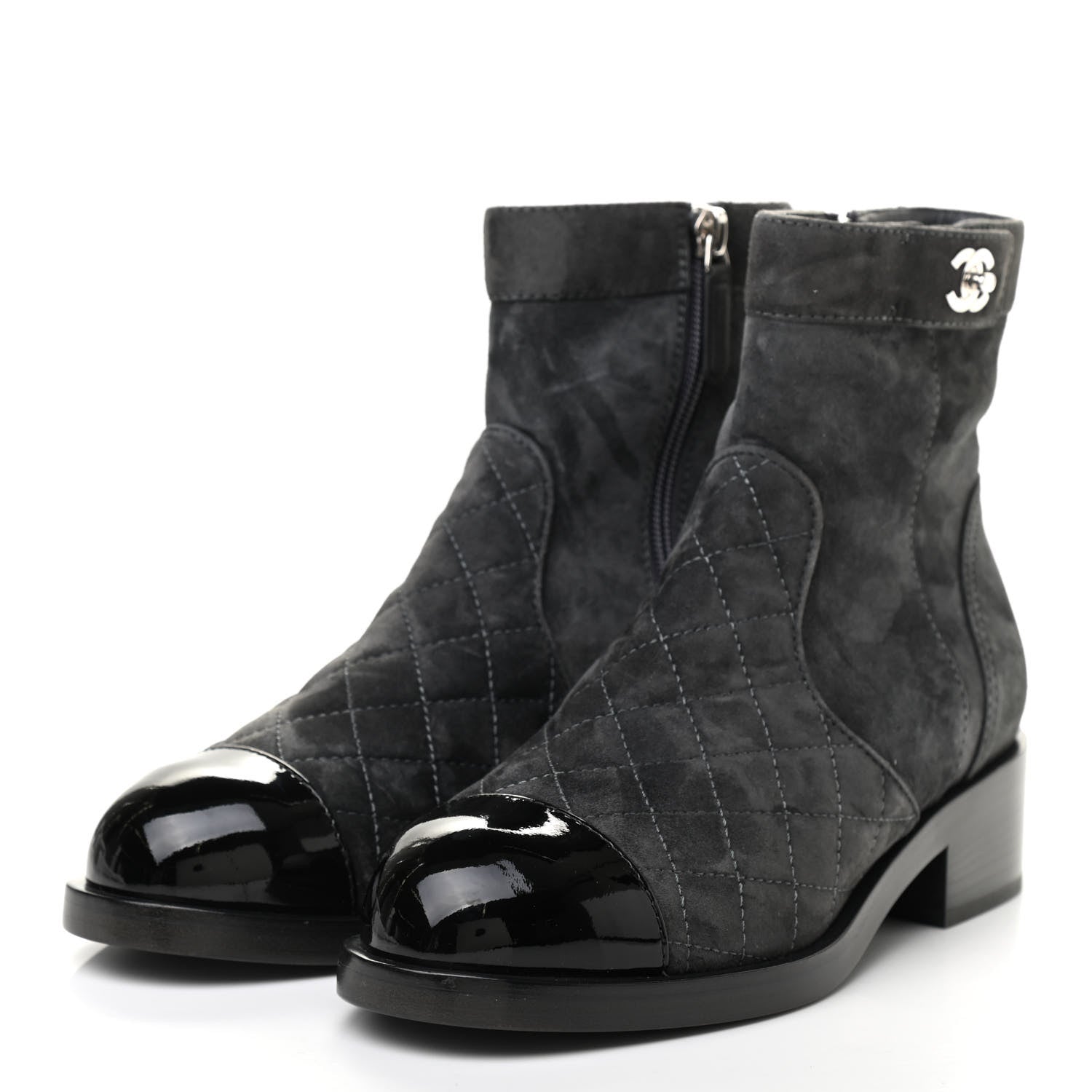 Chanel Suede Patent Calfskin Quilted Cap Toe Short Boots 37 Gray Black 3 of 8