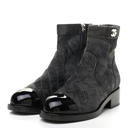 Chanel Suede Patent Calfskin Quilted Cap Toe Short Boots 37 Gray Black 3 of 8