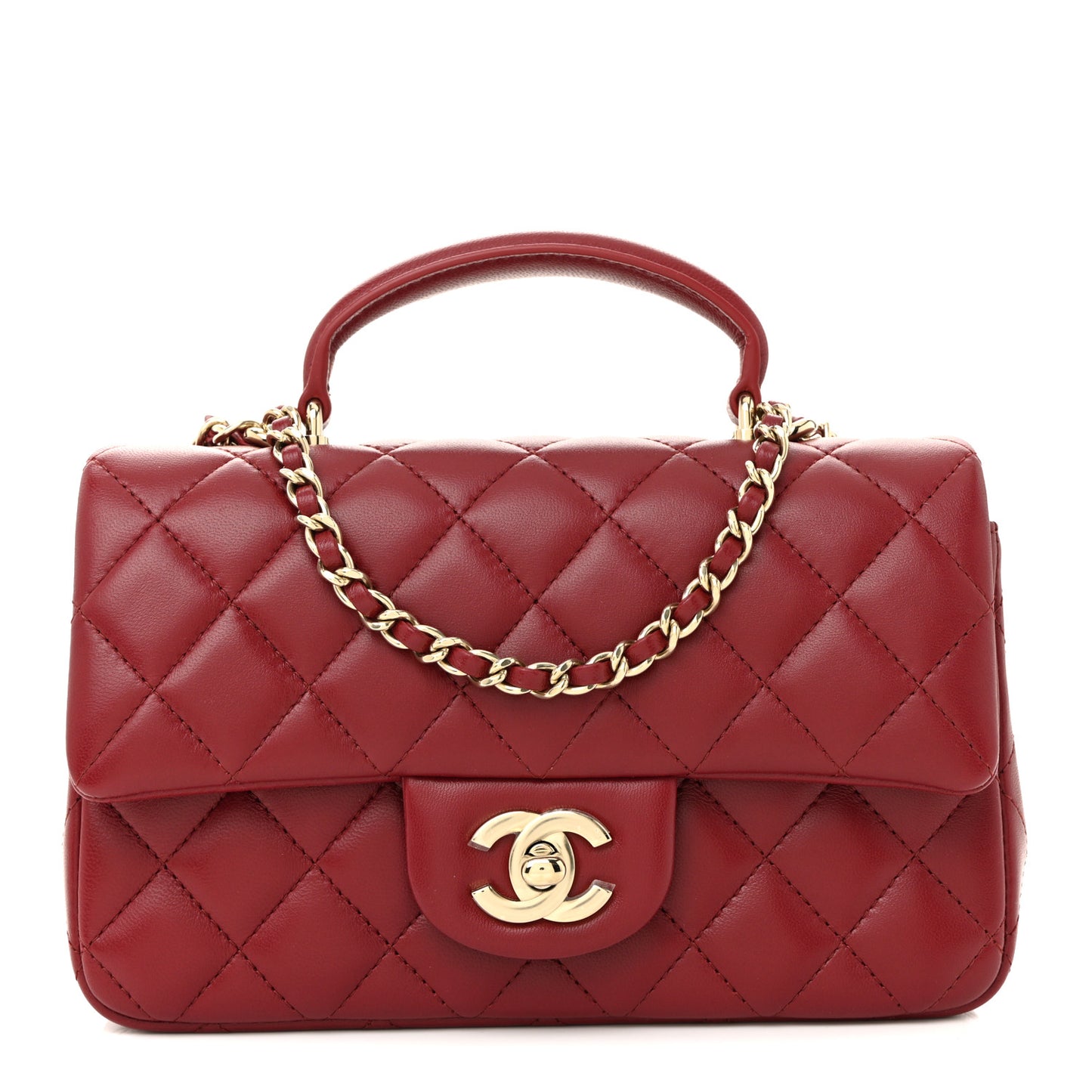 Lambskin Quilted Mini Top Handle Rectangular Flap Dark Red