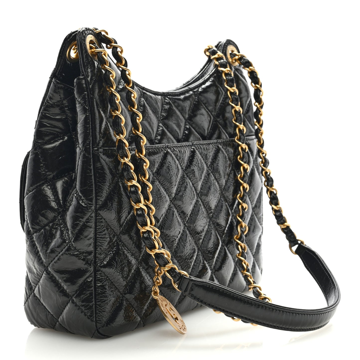 Shiny Crumpled Calfskin Quilted Wavy CC Hobo Black