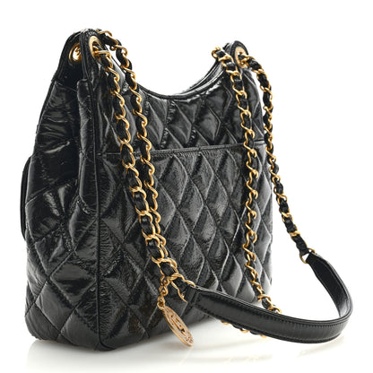 Chanel Shiny Crumpled Calfskin Quilted Wavy CC Hobo Black 2 of 8