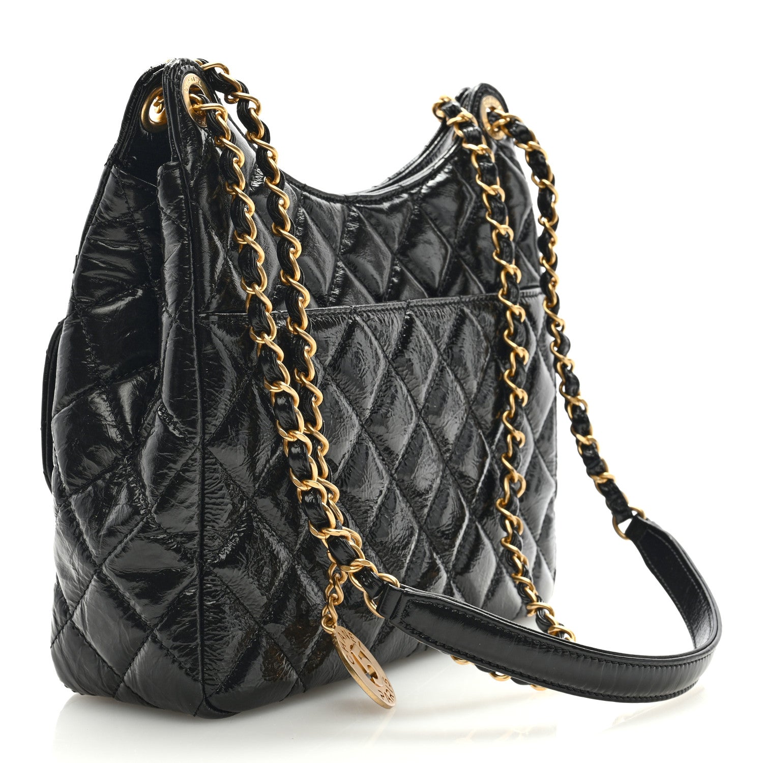 Chanel Shiny Crumpled Calfskin Quilted Wavy CC Hobo Black 2 of 9
