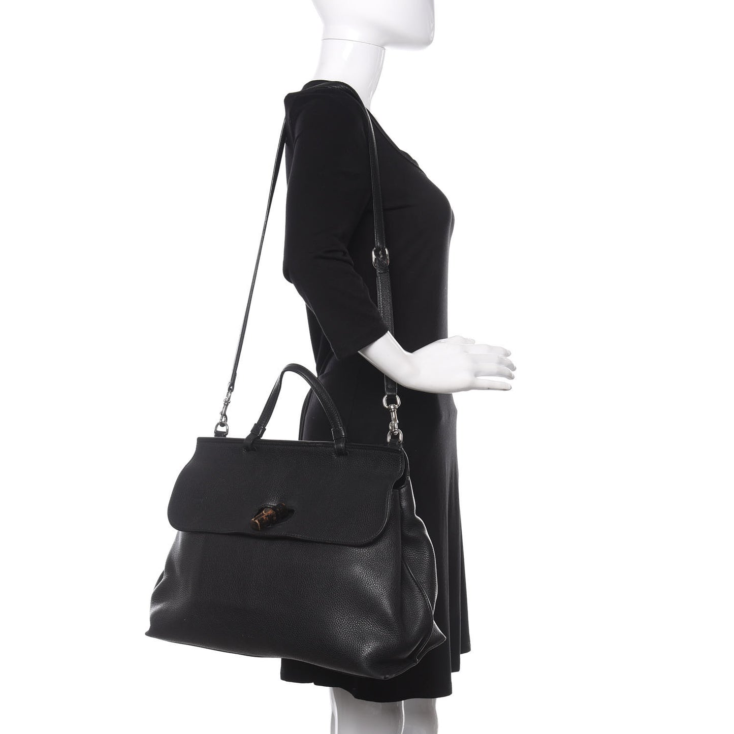 Pebbled Calfskin Large Bamboo Daily Top Handle Bag Black