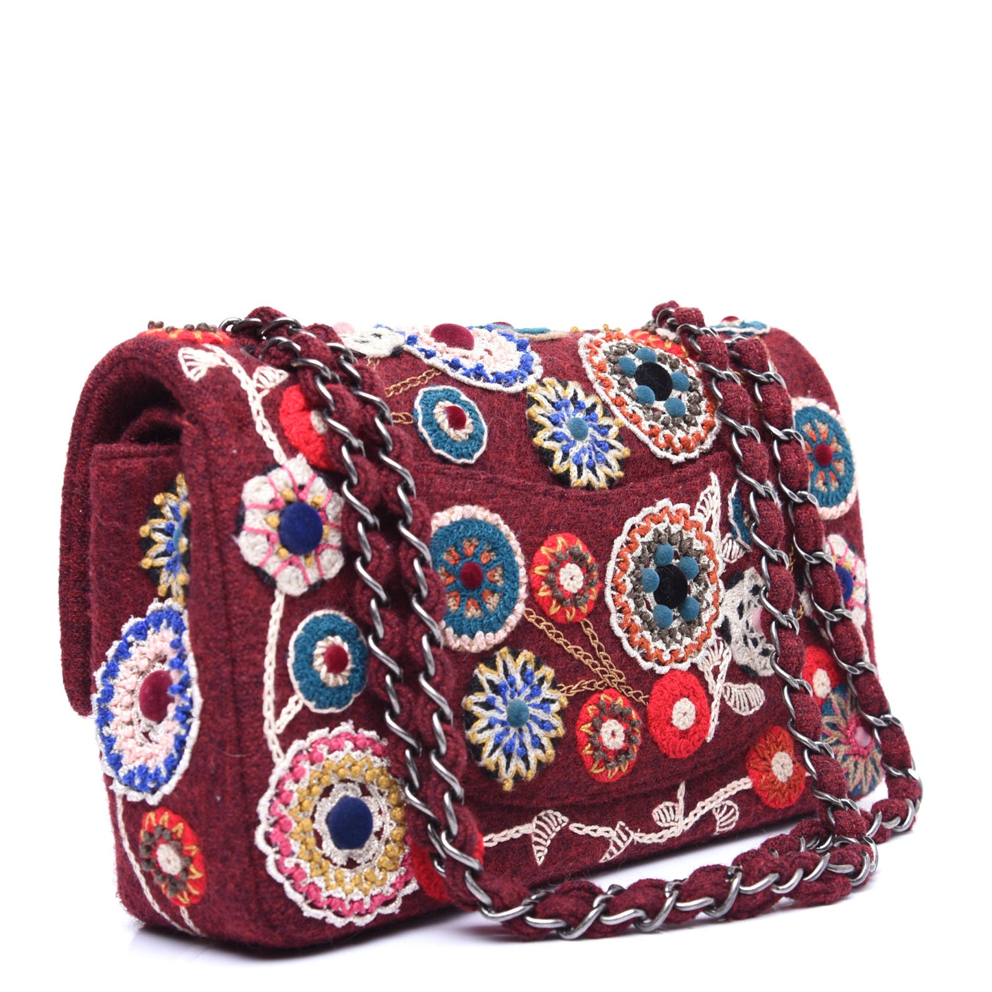 Felt Flower Embroidered Medium Double Flap Burgundy Multicolor
