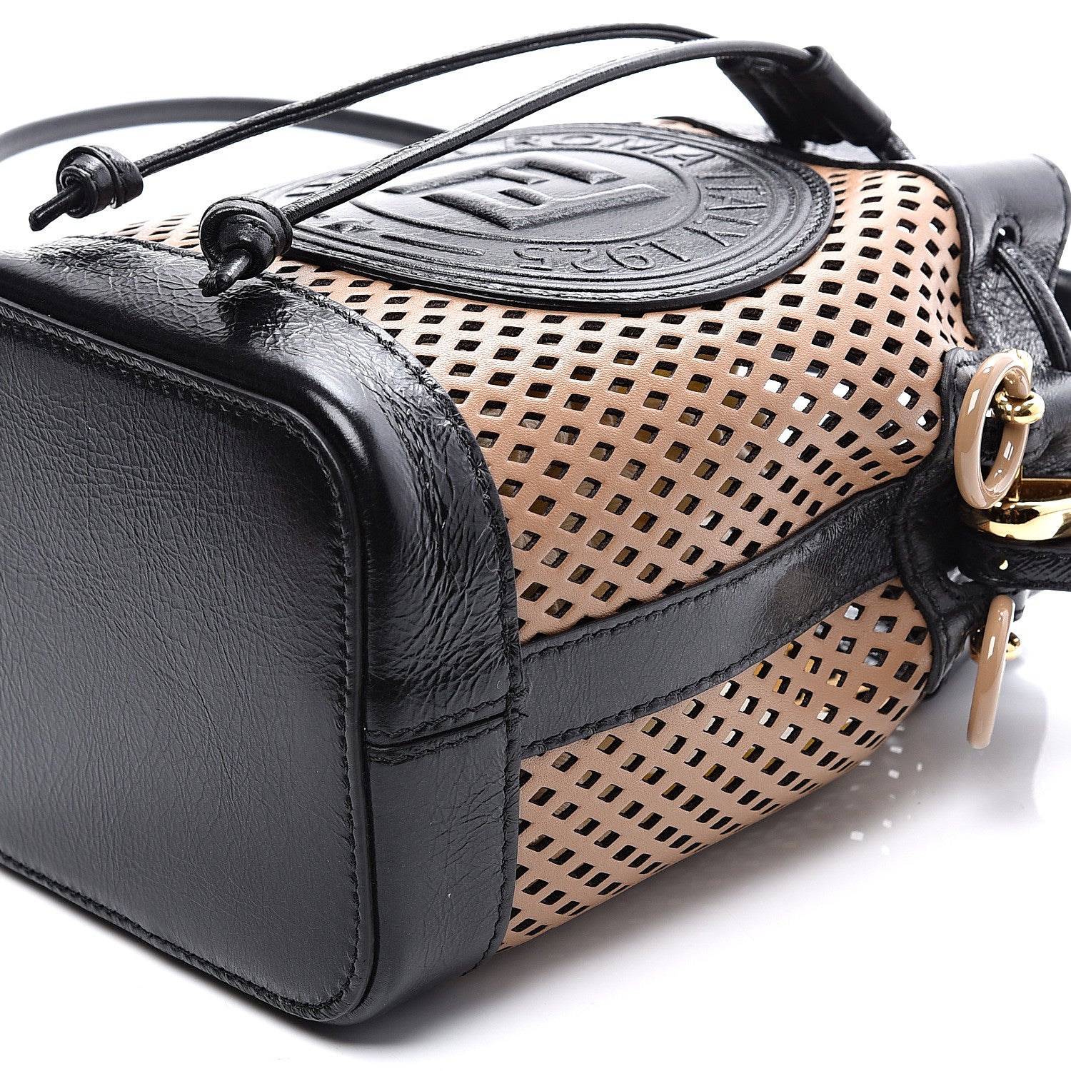 Fendi Vitello Liberty Glossy Lambskin F is Fendi Perforated Mini Mon Tresor Bucket Bag Sand Mimosa Black 9 of 10