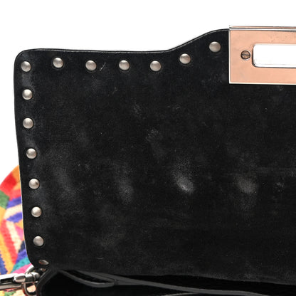 Valentino Garavani Calfskin Embroidered Medium Guitar Strap Rockstud Rolling Flap Saddle Bag Black 11 of 16