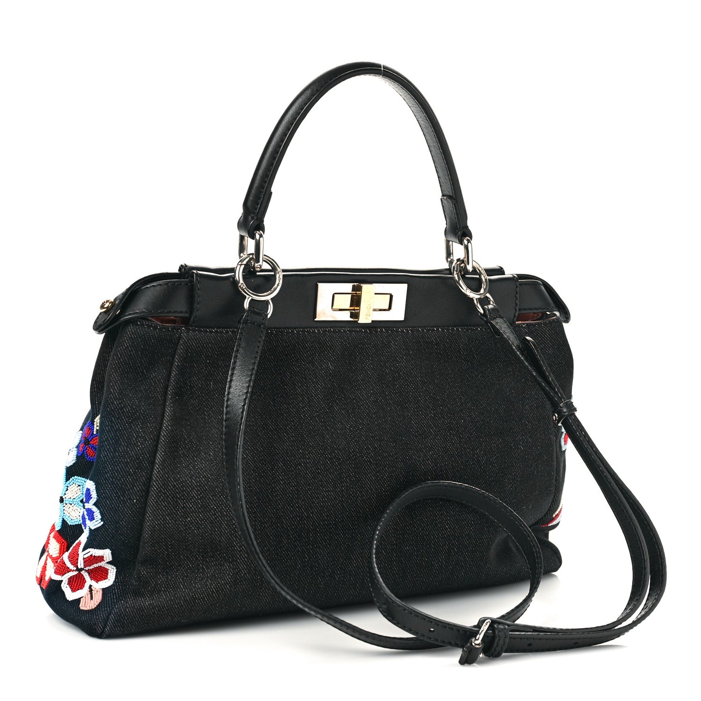 Denim Vitello Dolce QuTweet Beaded Medium Peekaboo Iconic Satchel Dark Blue Multicolor Black