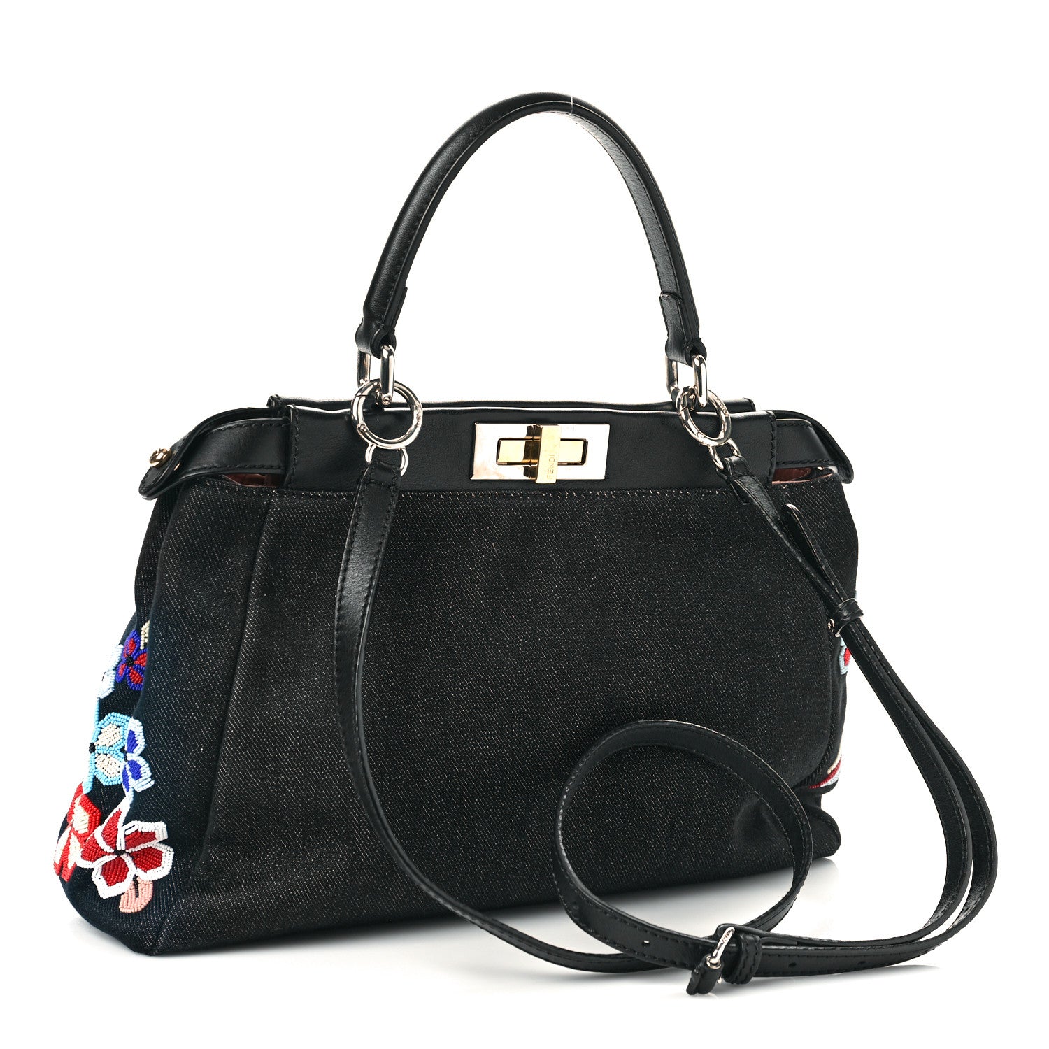 Fendi Denim Vitello Dolce QuTweet Beaded Medium Peekaboo Iconic Satchel Dark Blue Multicolor Black 3 of 9
