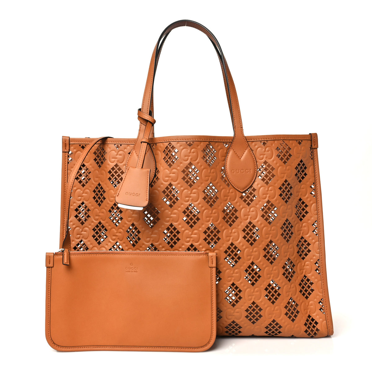 Calfskin GG Monogram Diamond Cut Medium Ophidia Tote Bag Brown