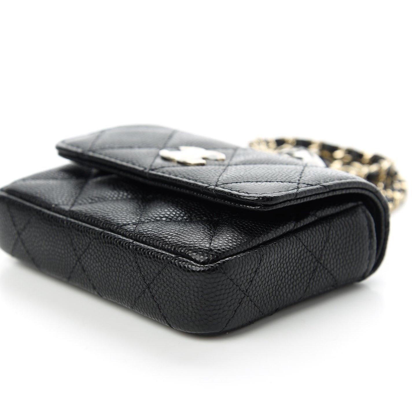 Caviar Quilted Mini Pearl On Top Coin Purse With Chain Black