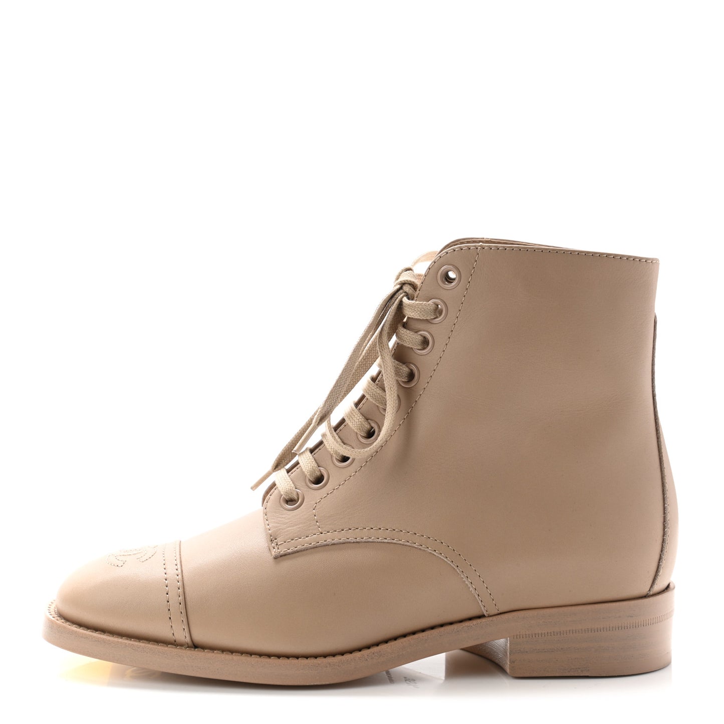 Calfskin Cap Toe CC Lace Up Boots 35.5 Beige