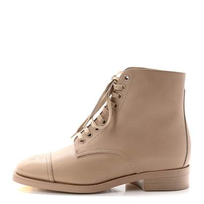 Chanel Calfskin Cap Toe CC Lace Up Boots 35.5 Beige 1 of 10