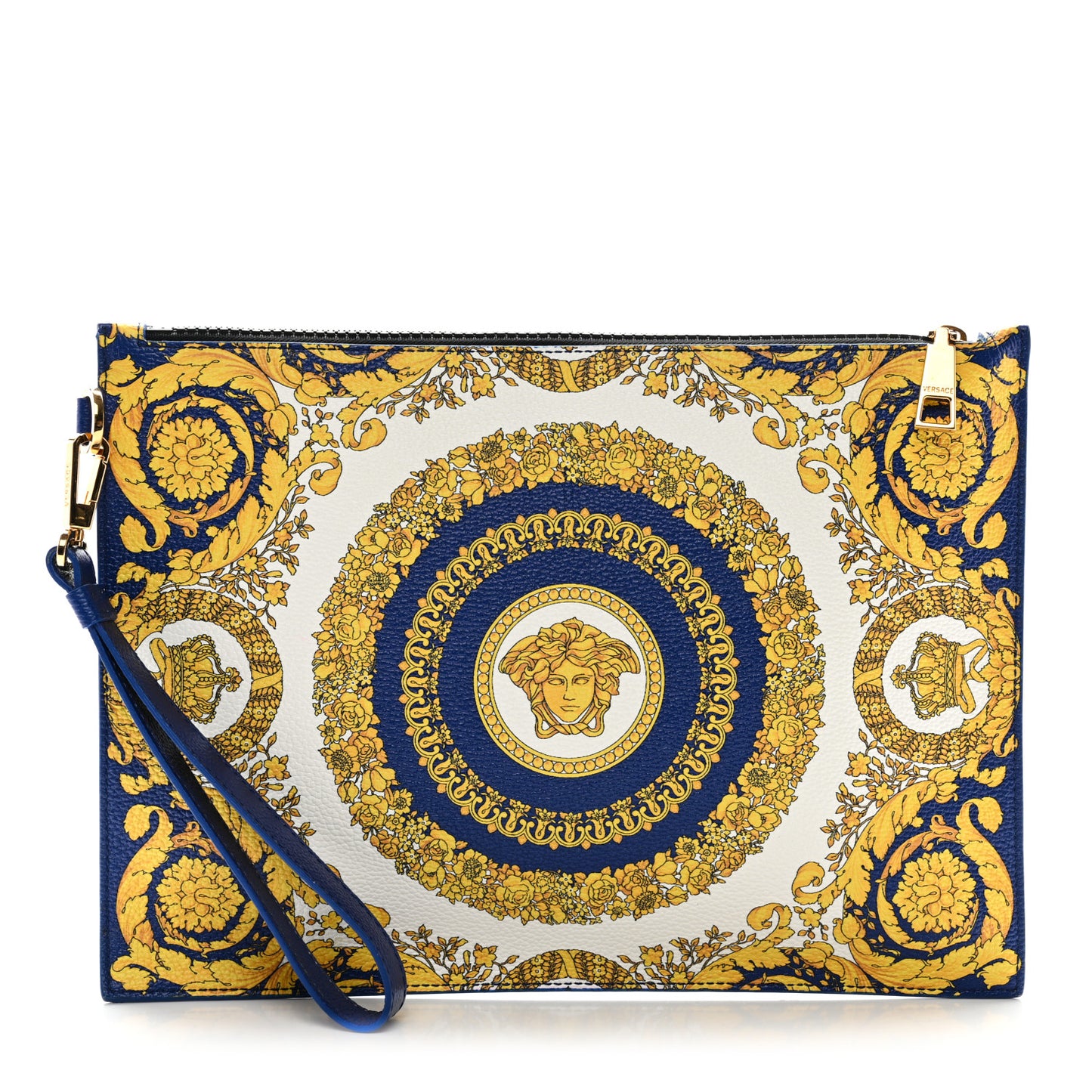 Calfskin Heritage Barocco Print Wristlet Pouch Bluette