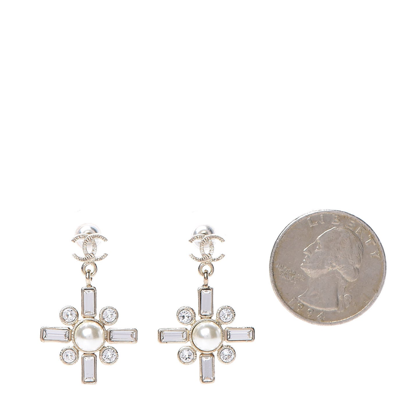 Crystal Baguette Pearl Sparkling Pearl CC Drop Earrings Light Gold