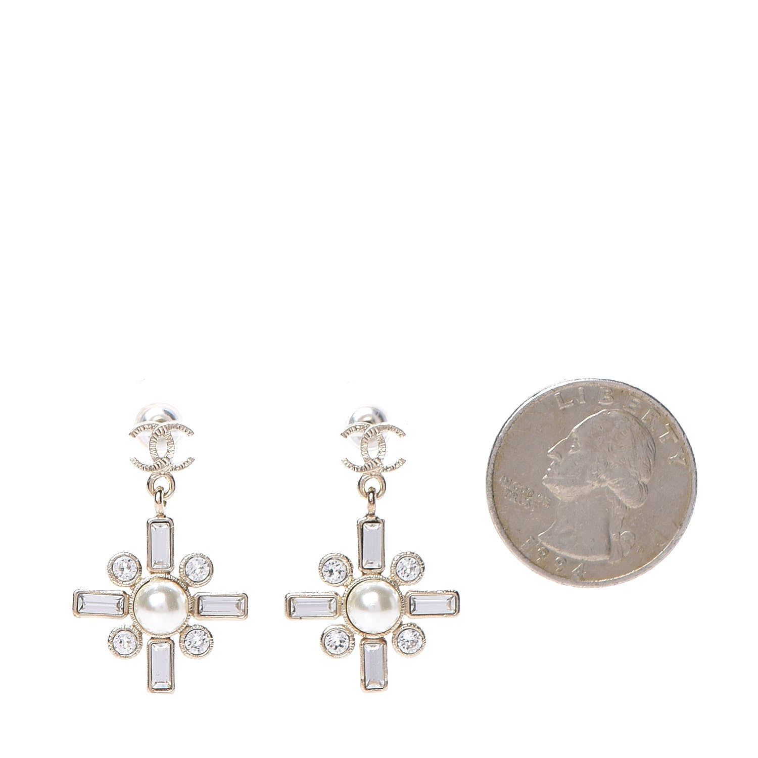 Chanel Crystal Baguette Pearl Sparkling Pearl CC Drop Earrings Light Gold 2 of 4