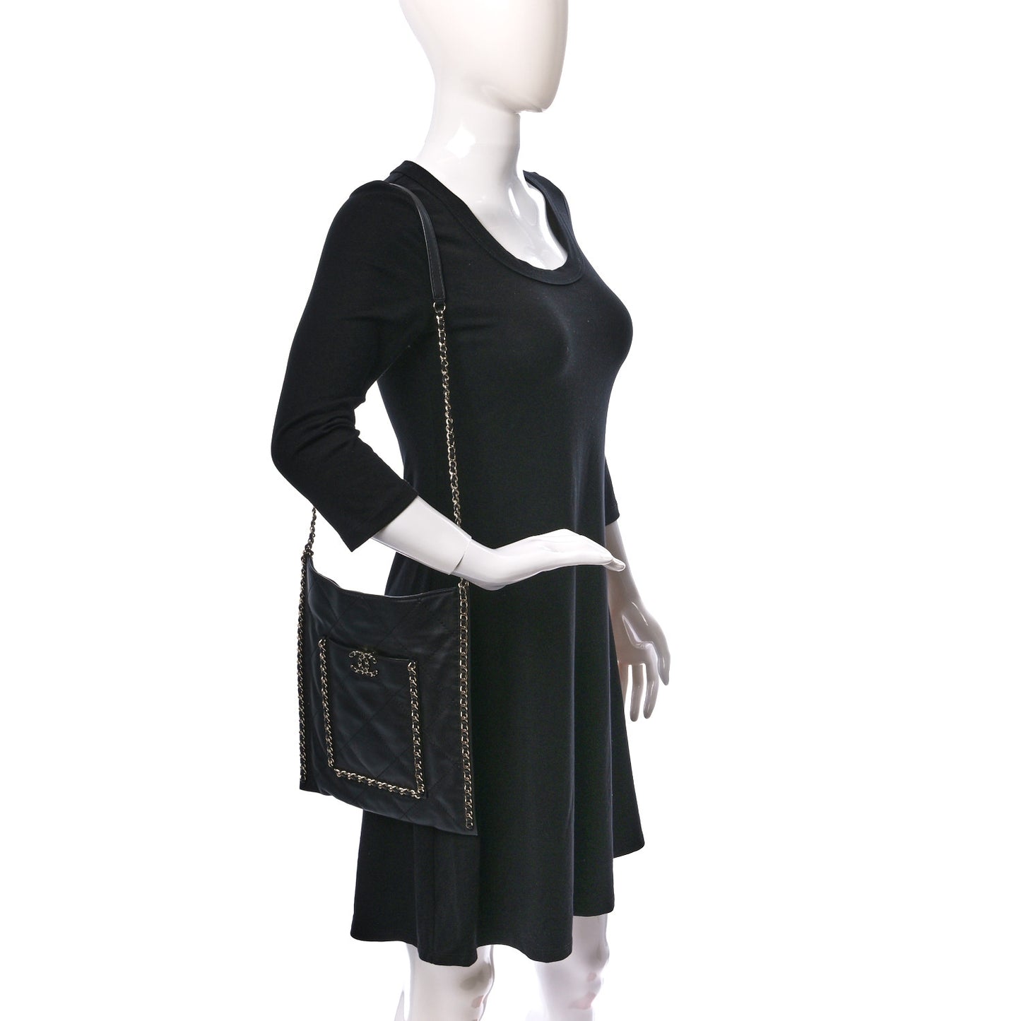 Calfskin Quilted Small Chain Flat Tote Black