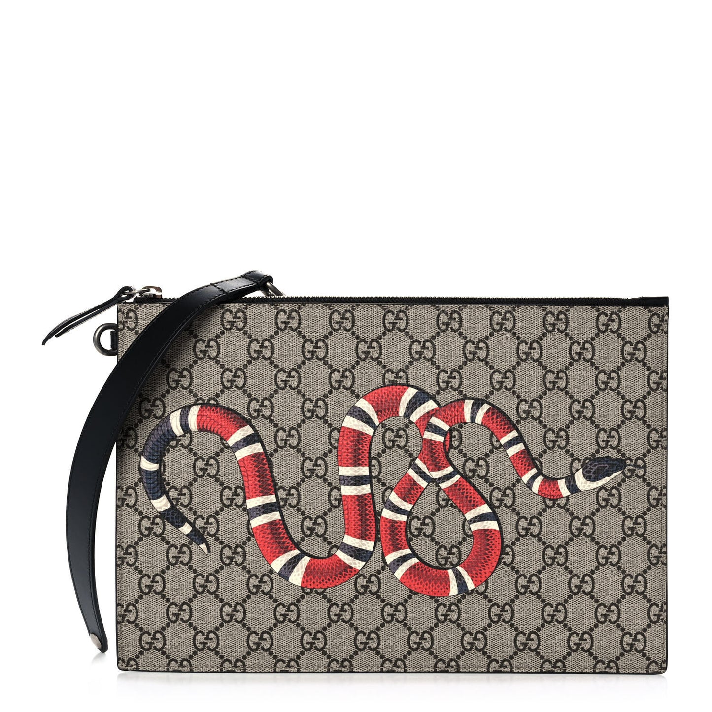 GG Supreme Monogram Kingsnake Zip Wristlet Pouch Beige Black